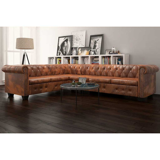 Canapé d'angle Chesterfield 6 places en cuir capitonné, vue d'ensemble