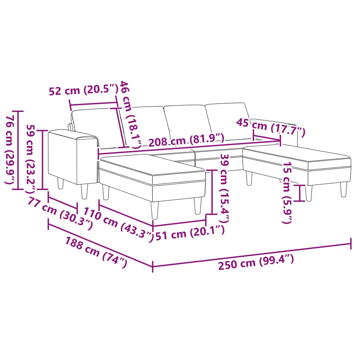 Schéma des dimensions du canapé d'angle en velours côtelé